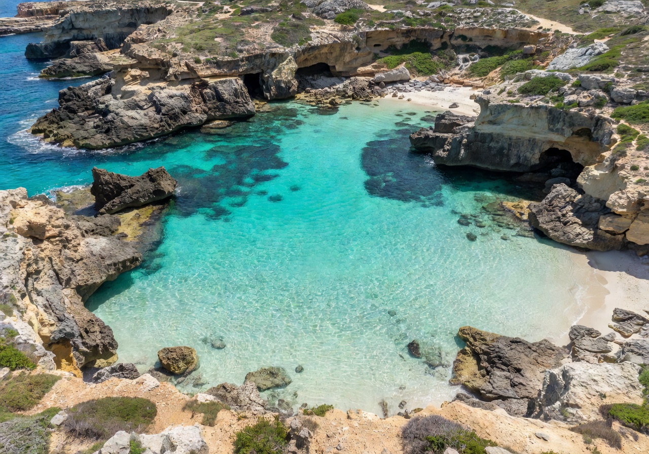 Aerial view of Comino's Blue Lagoon with brilliant turquoise waters surrounded by rocky coastline