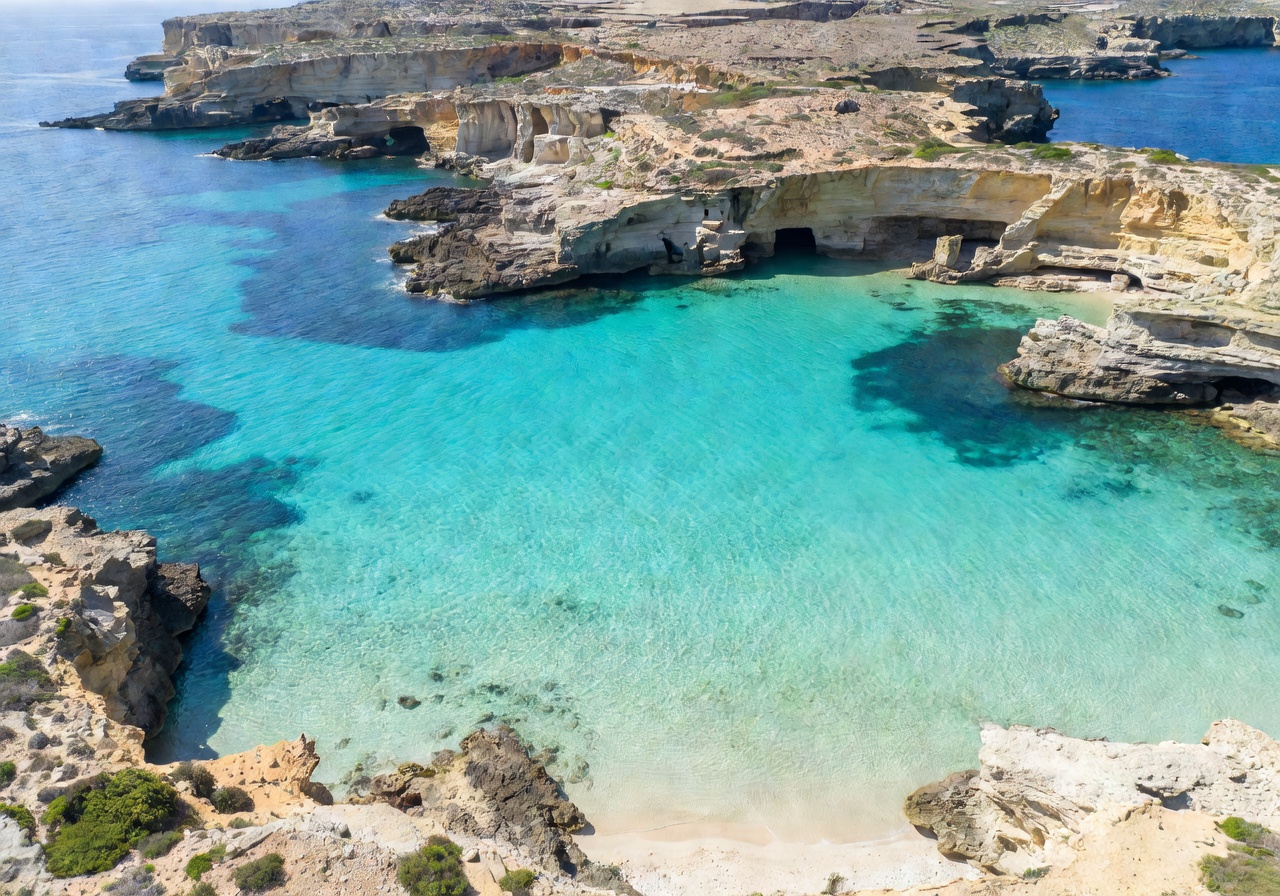 Aerial view of Malta's Blue Lagoon with turquoise Mediterranean waters and limestone coastline