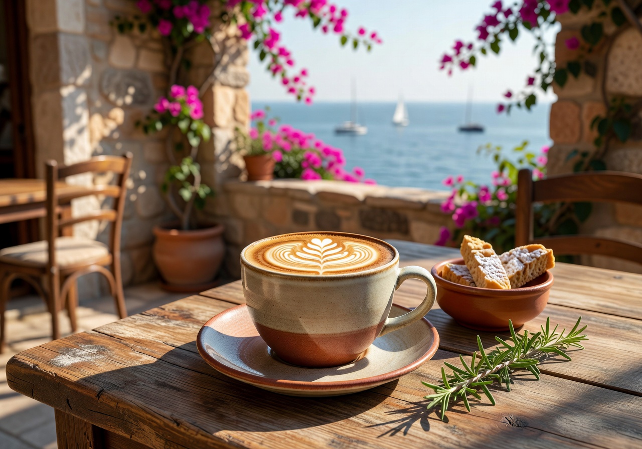 Artisan cappuccino with latte art served on a rustic Mediterranean café table