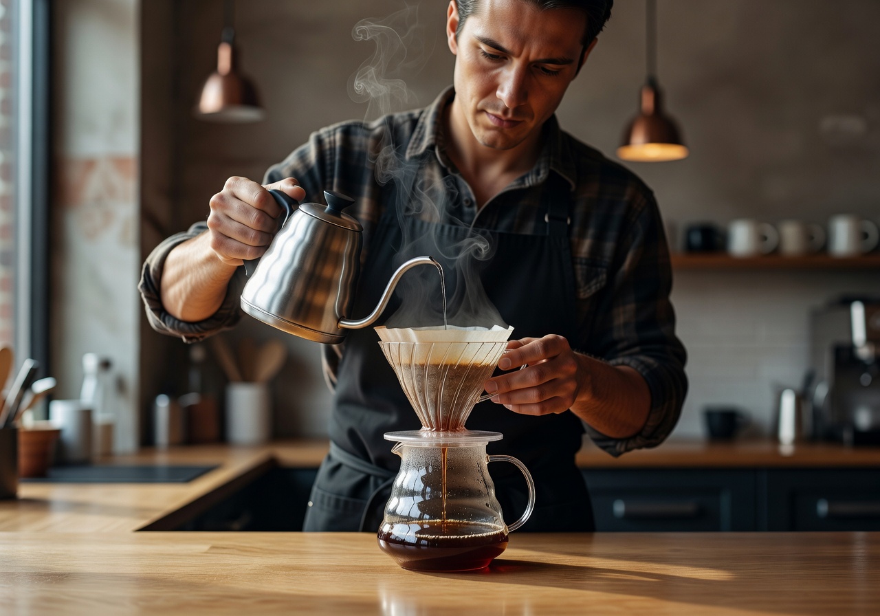 Close-up of specialty coffee being poured through a pour-over dripper with steam rising