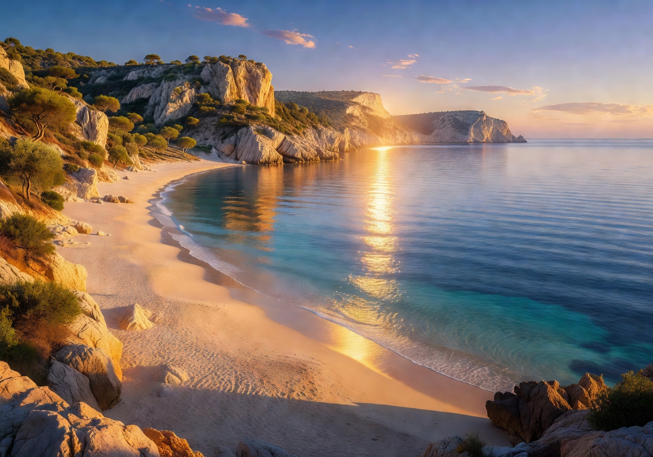 Breathtaking Mediterranean coastline view with golden sunlight reflecting on calm blue waters