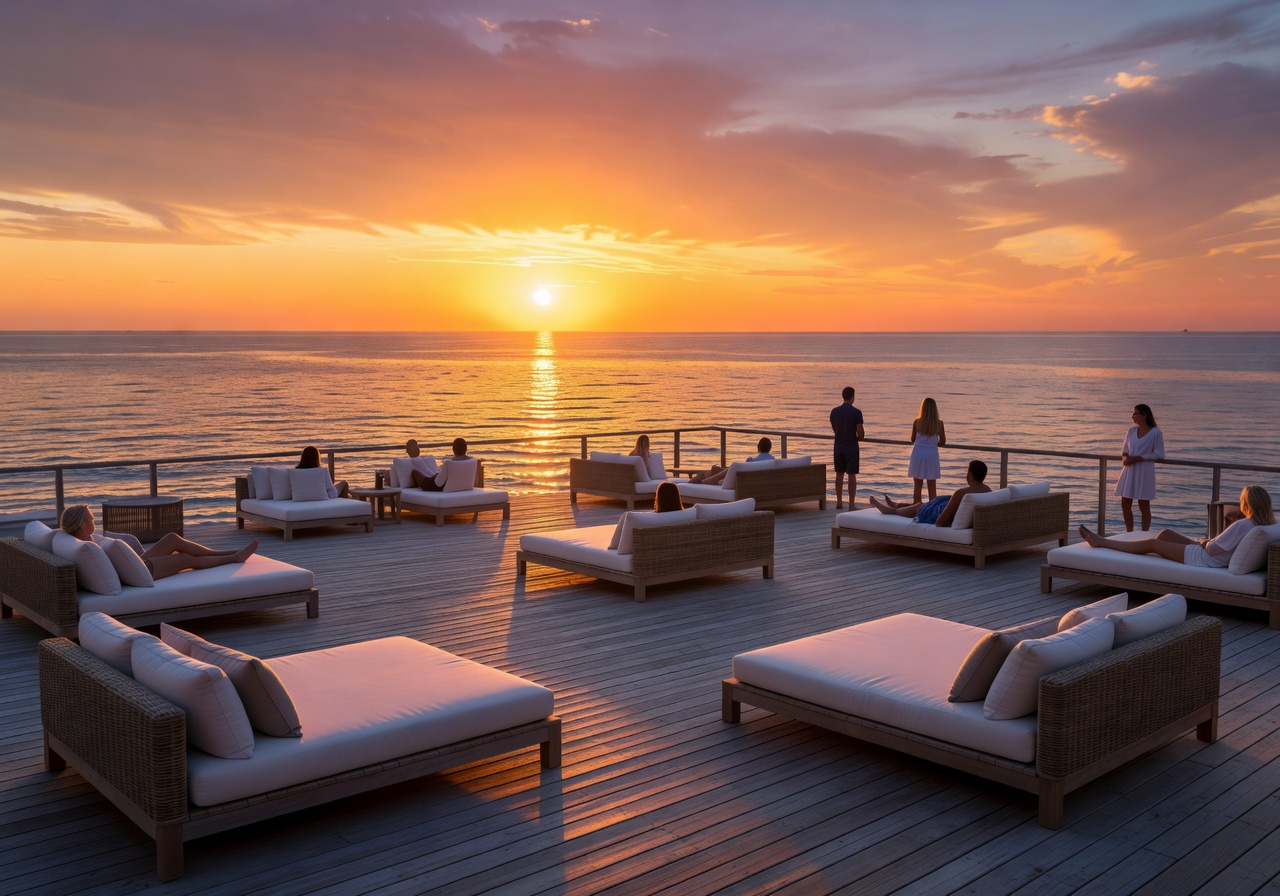 Café del Mar Malta sunset lounge with infinity pool overlooking the Mediterranean sea at golden hour