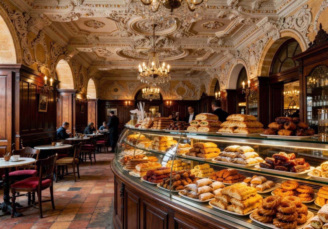 Caffè Cordina historic baroque café interior with ornate ceiling and traditional Maltese pastries display