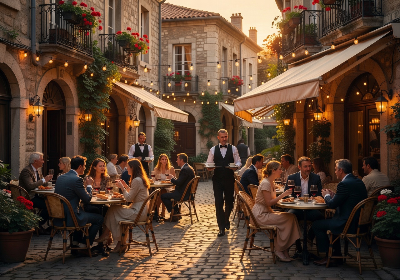 Charming European café terrace lit by warm evening light with outdoor dining ambiance