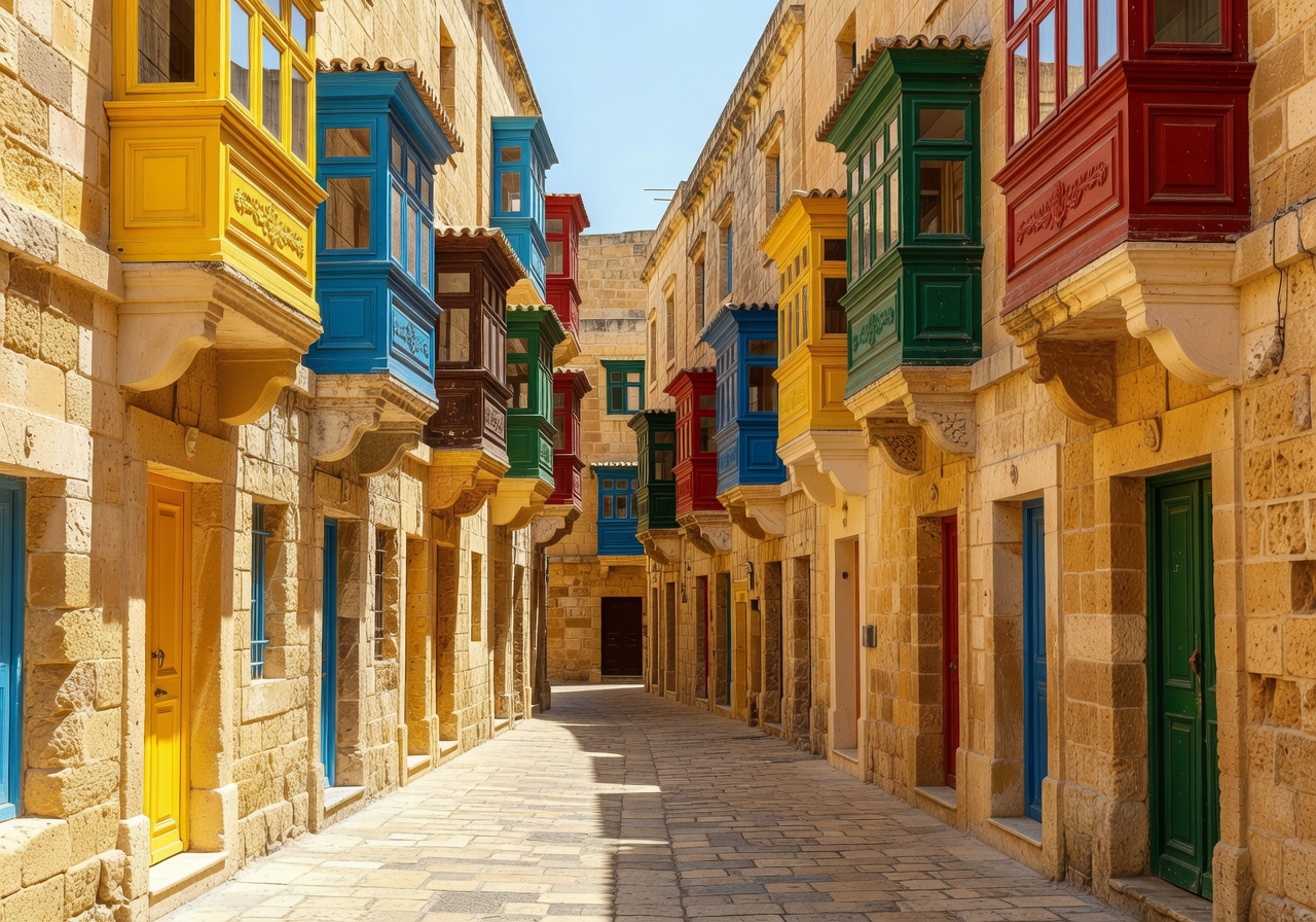 Scenic Malta harbor at sunrise with traditional colorful fishing boats called luzzus