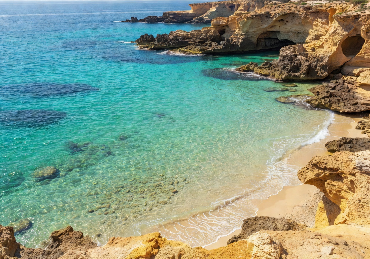 Crystal clear turquoise Mediterranean waters lapping against Malta's golden limestone shore