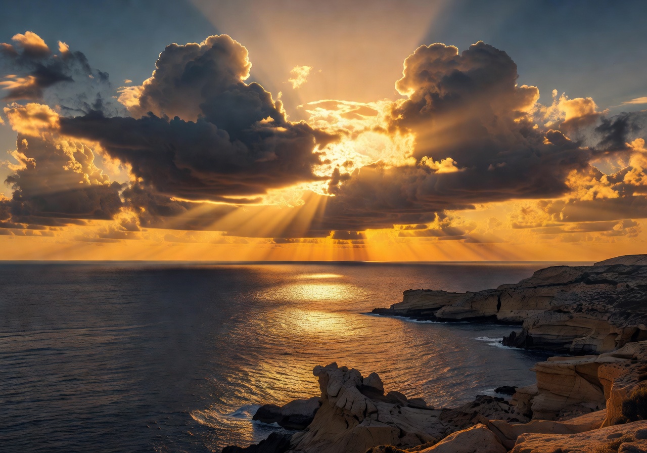 Dramatic Malta sunset with golden light streaming through clouds over the Mediterranean sea