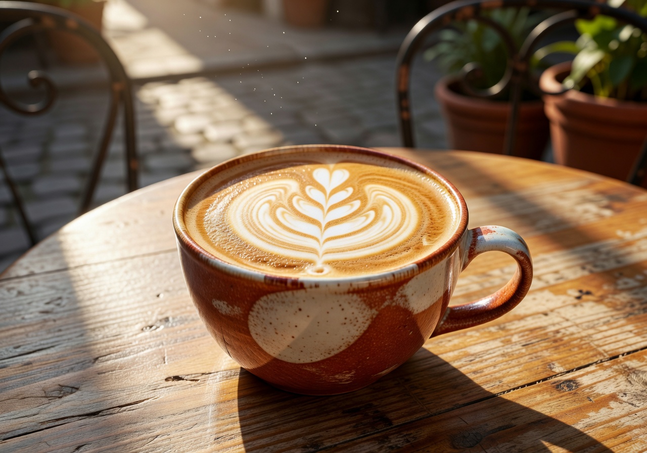 Elegant latte art close-up in a ceramic cup on a sun-drenched outdoor café table