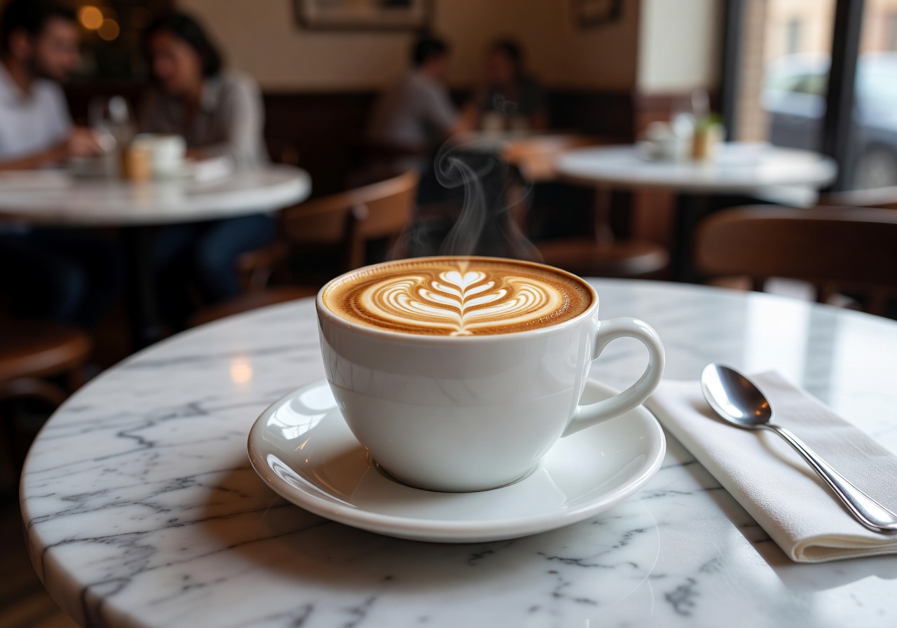 Freshly prepared cappuccino with intricate latte art on a marble café table