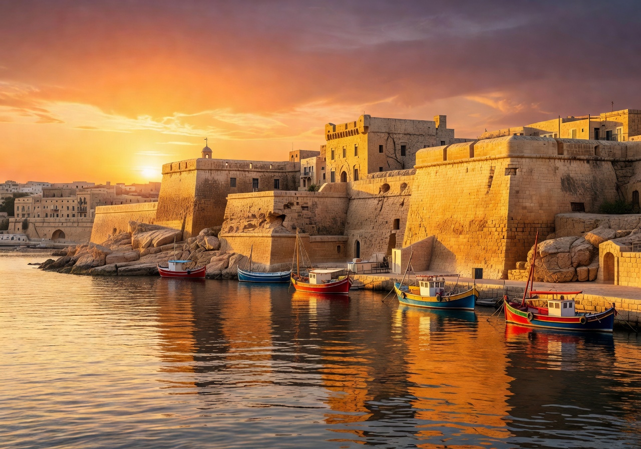Golden sunset casting warm light over Valletta's Grand Harbor with historic fortifications