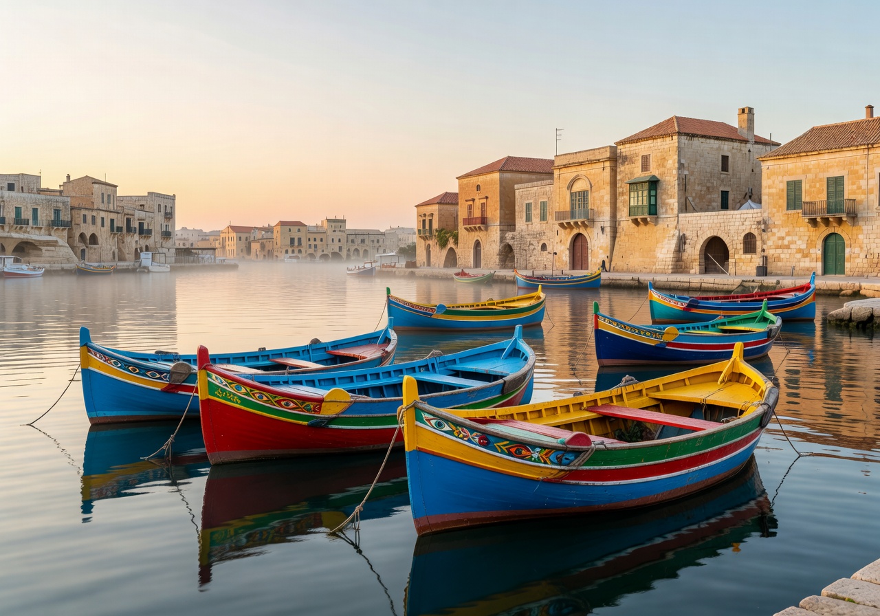 Malta's colorful traditional fishing boats in a serene harbor at dawn