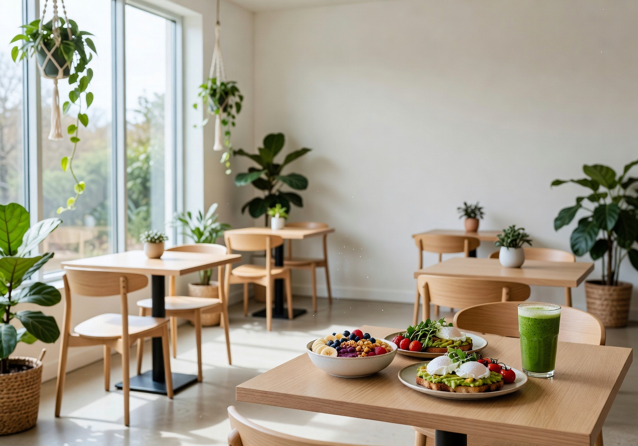Mint Café bright and airy interior with healthy brunch dishes, fresh plants, and natural light