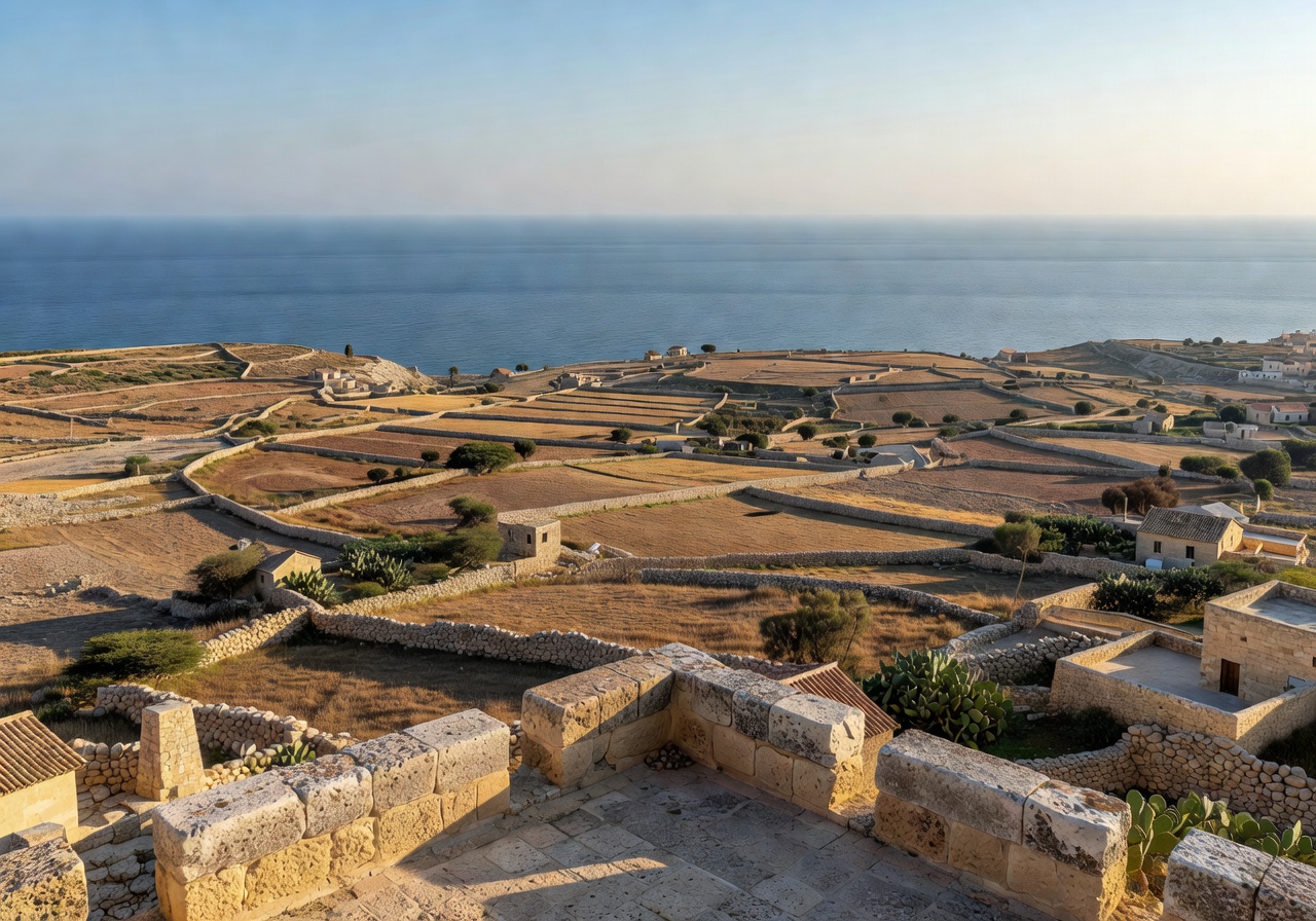 Panoramic rooftop view from Mdina showing Malta's countryside and distant Mediterranean sea