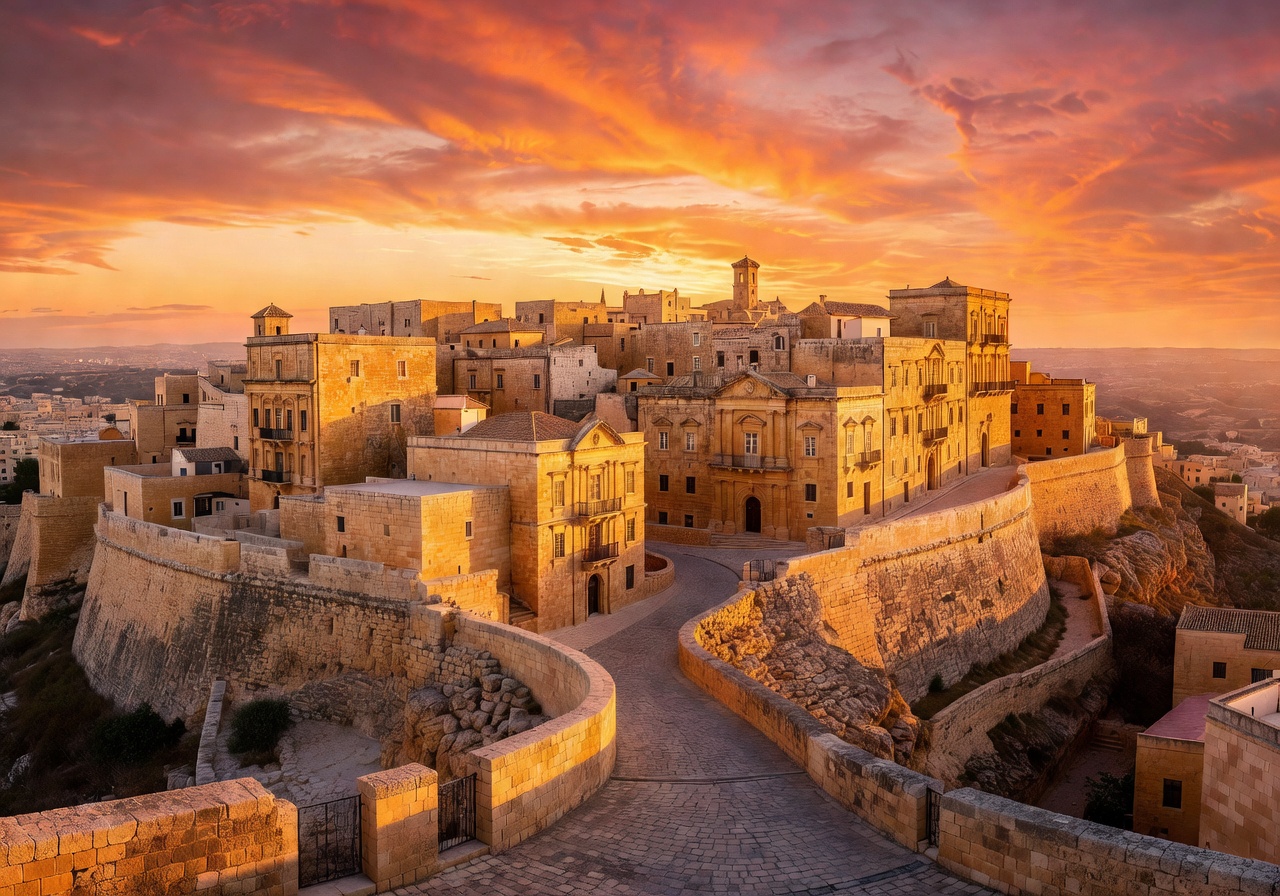 Panoramic view of Malta's ancient city Mdina with golden limestone buildings at sunset