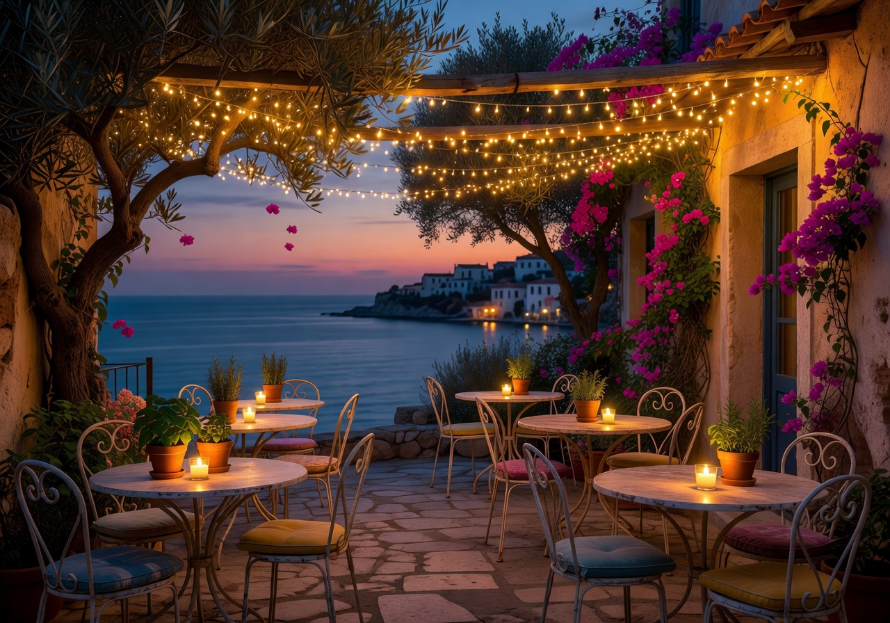 European café terrace with outdoor seating and warm ambient lighting at dusk