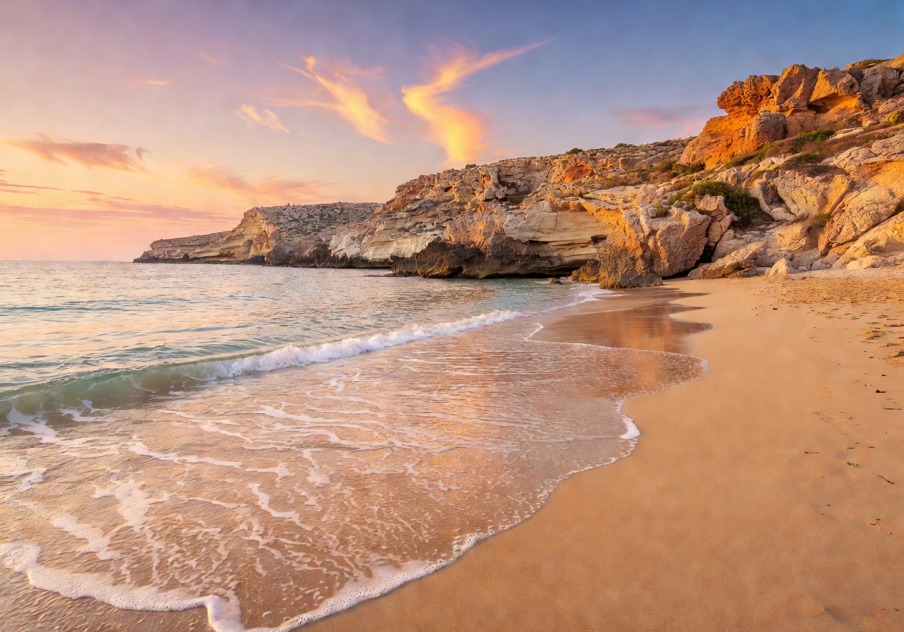 Serene Malta beach at golden hour with gentle waves meeting sandy shore