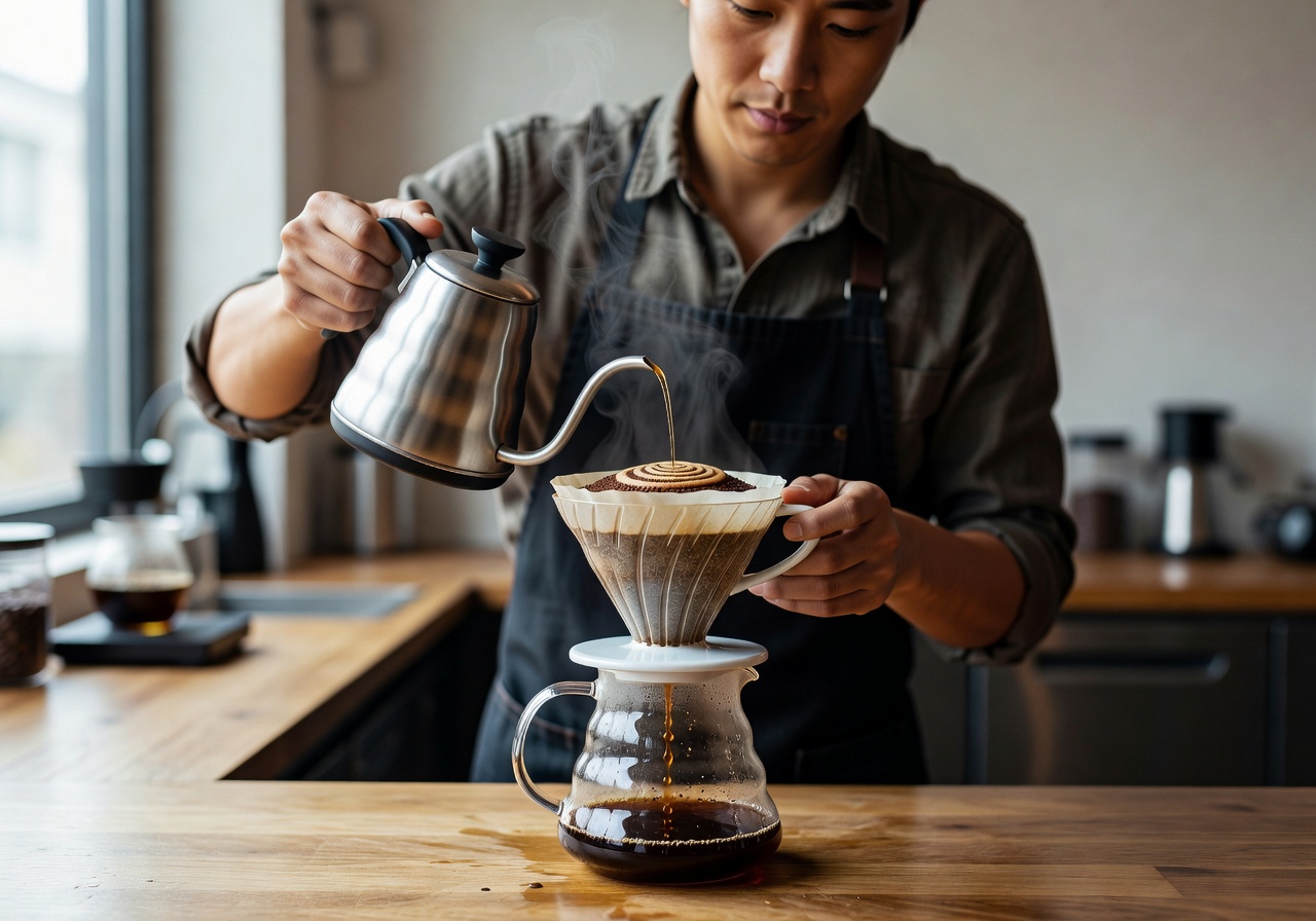 Specialty coffee being carefully brewed through a pour-over method by an expert barista