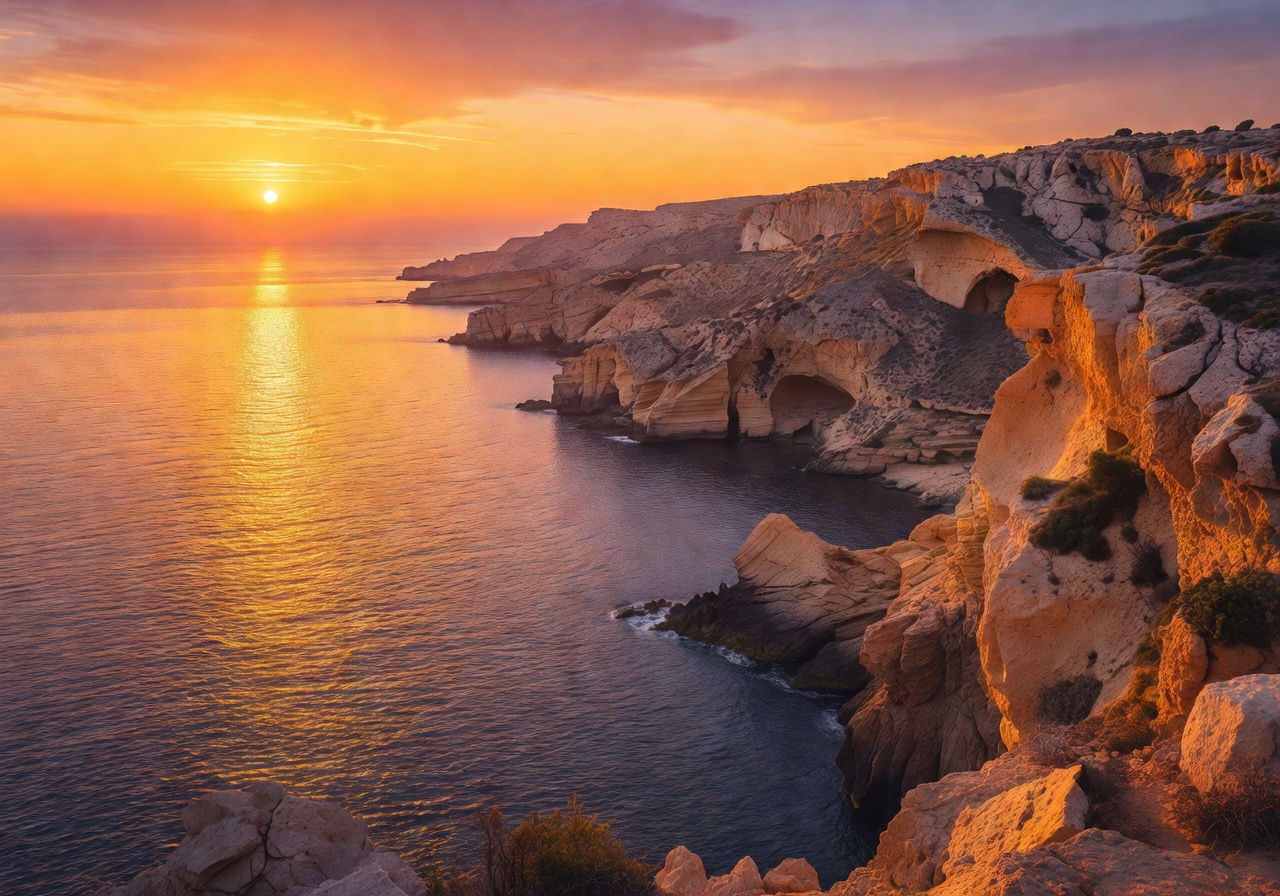Stunning sunset view over Malta coastline with golden hour light reflecting on Mediterranean sea