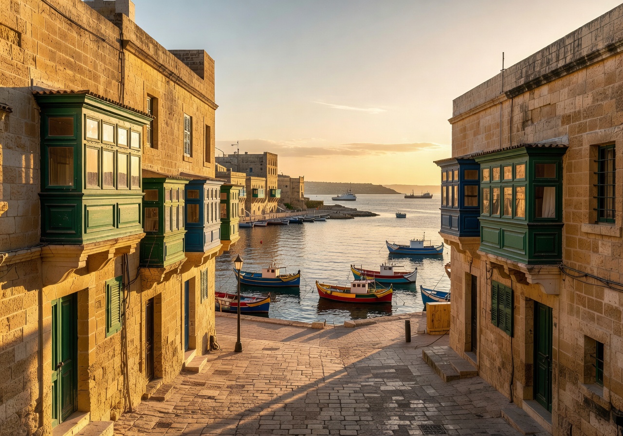 Traditional Maltese limestone architecture overlooking the harbor at golden hour