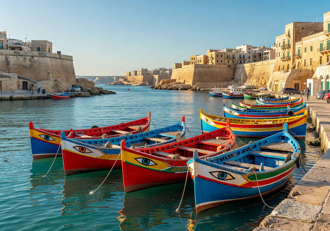 Traditional Maltese luzzu fishing boats with painted eyes in a picturesque Malta harbor