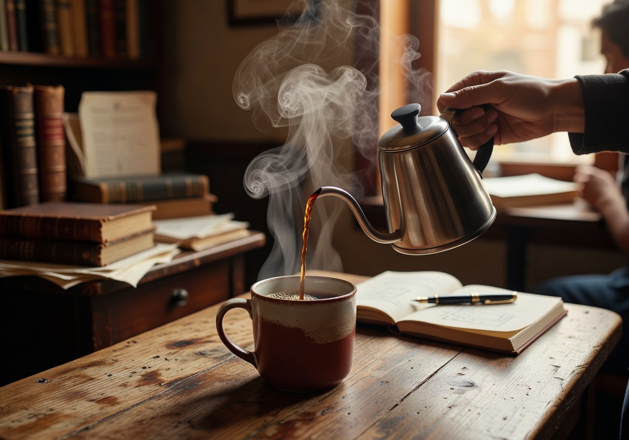 Warm artisan coffee being poured with steam rising, symbolizing thoughtful café culture writing
